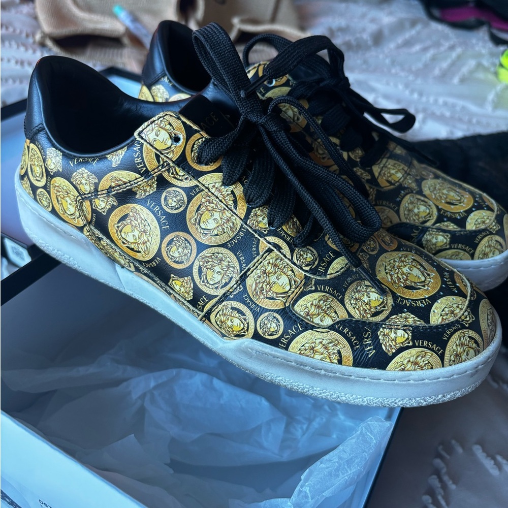 Versace Medusa Patterned Black and Gold Sneakers